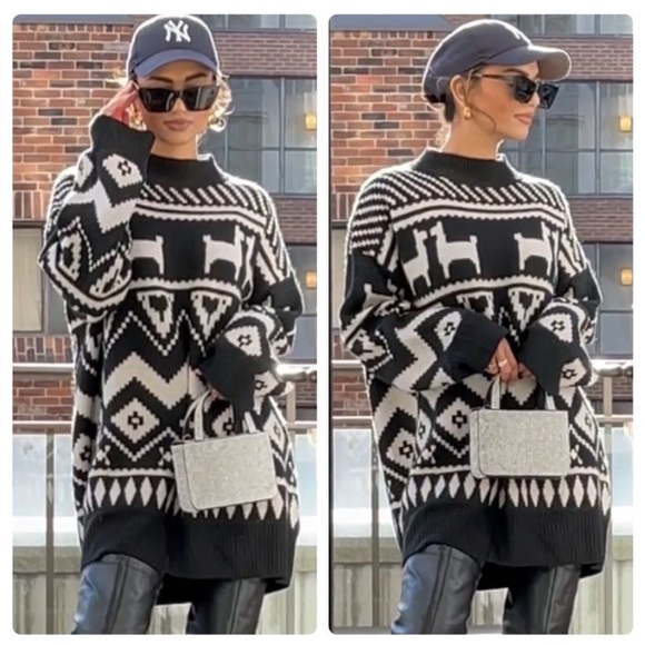 H&M Holiday Sweater Nordic Fair Isle Black and White Contrast Oversized - Picture 2 of 10